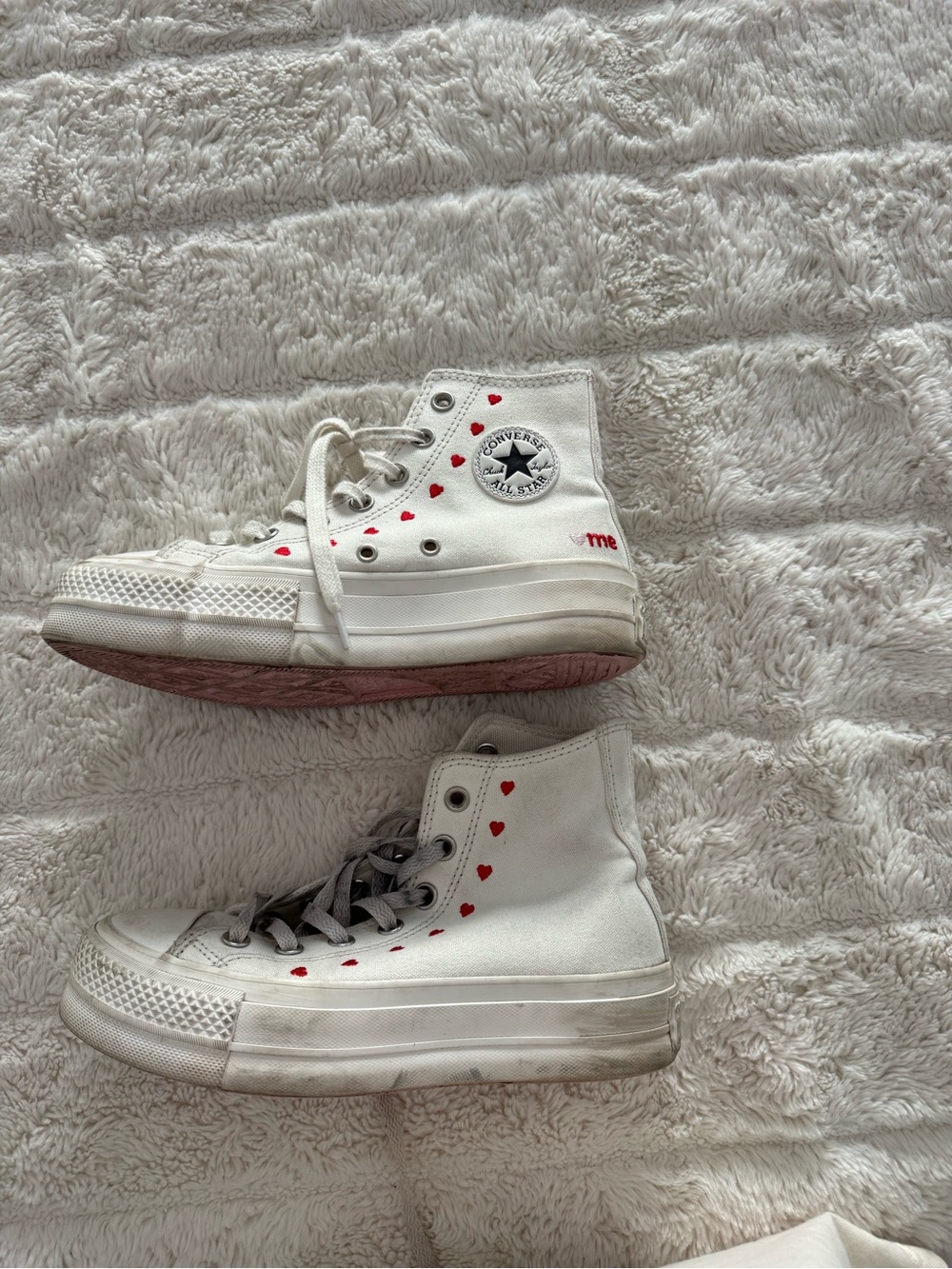 Converse White High Top Sneakers with Red Heart Accents